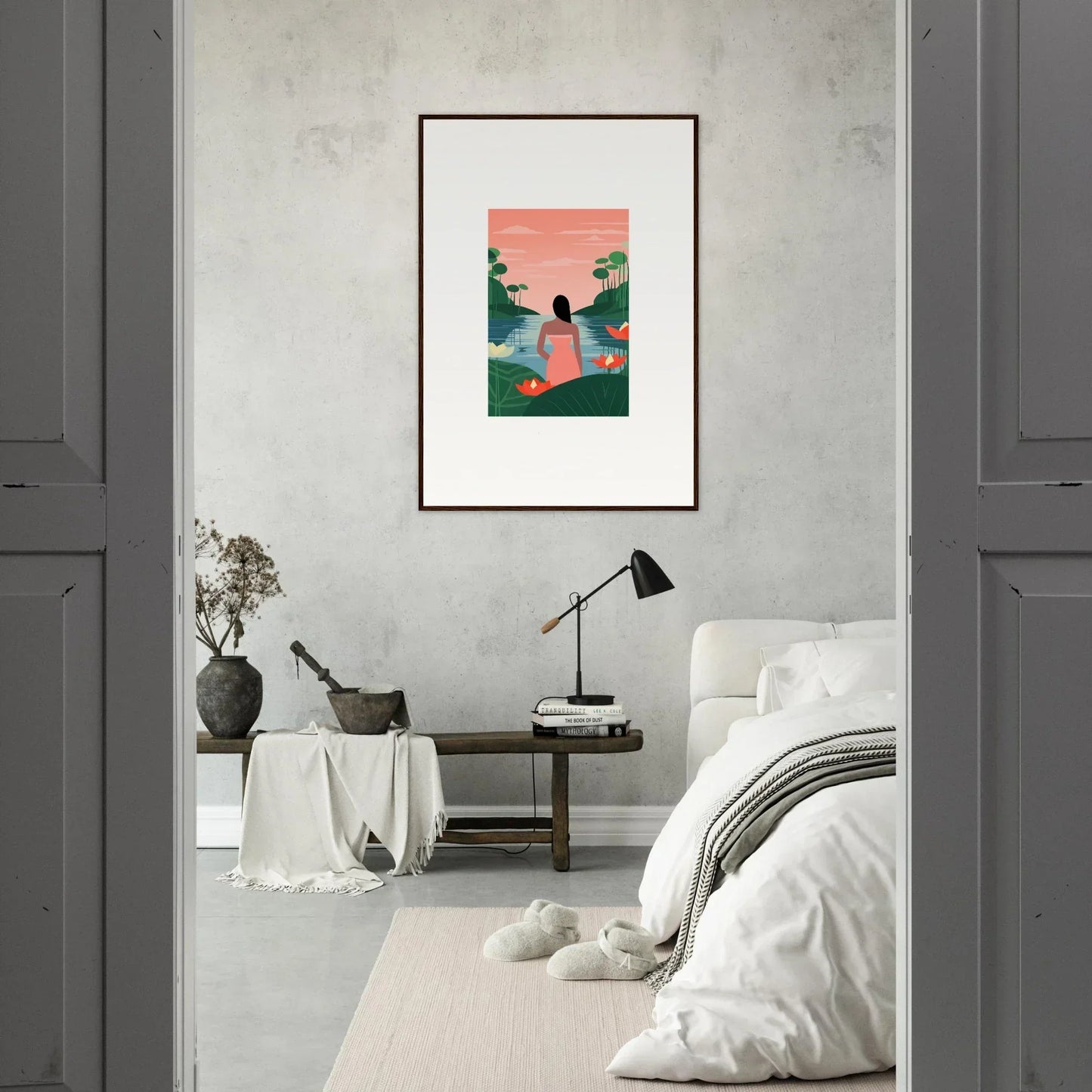 Framed tranquility canvas showing a silhouetted figure and pink sky for room decoration