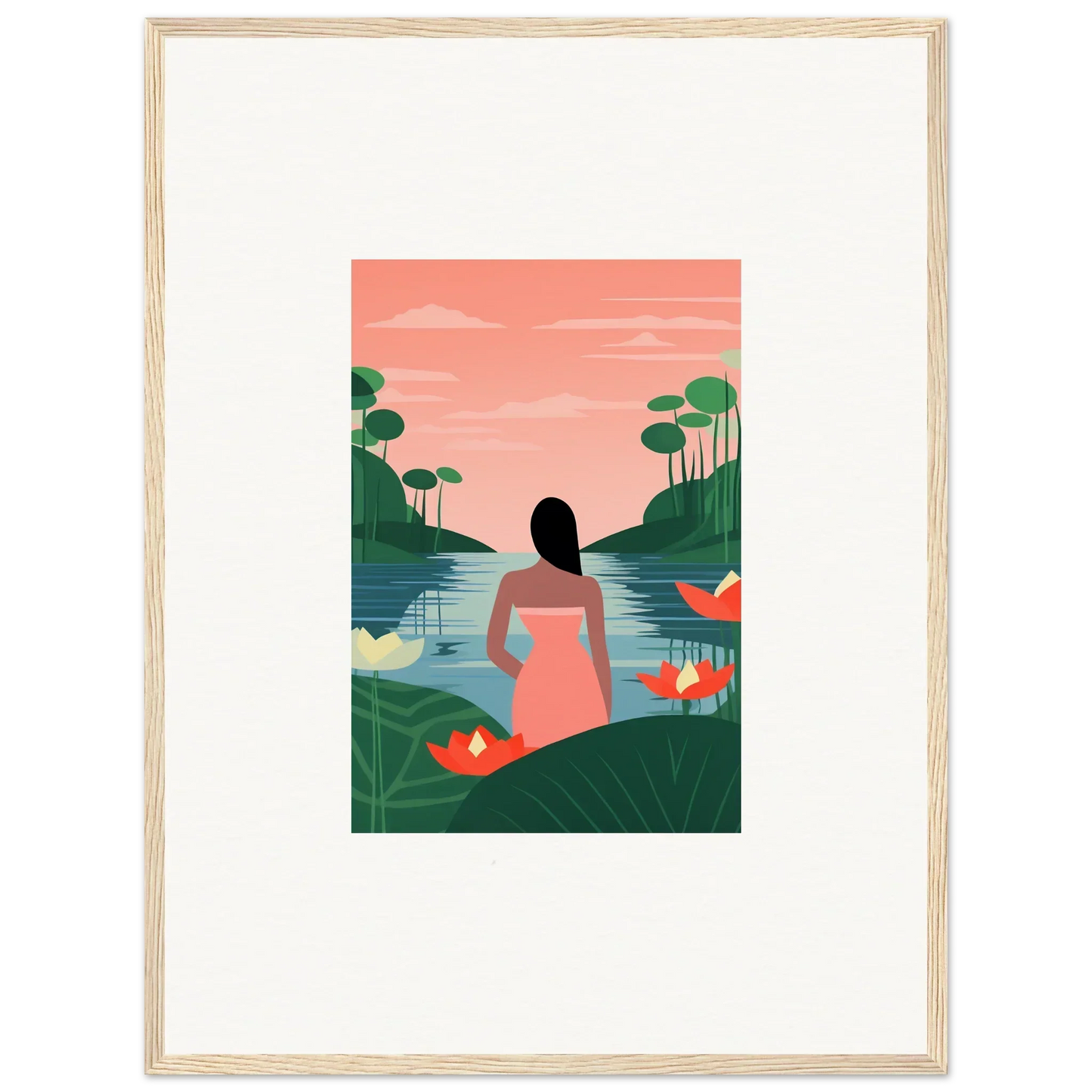 Framed illustration of a person in a pink dress on a Tranquility Canvas for room decoration