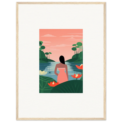 Framed illustration of a person in a pink dress on a Tranquility Canvas for room decoration