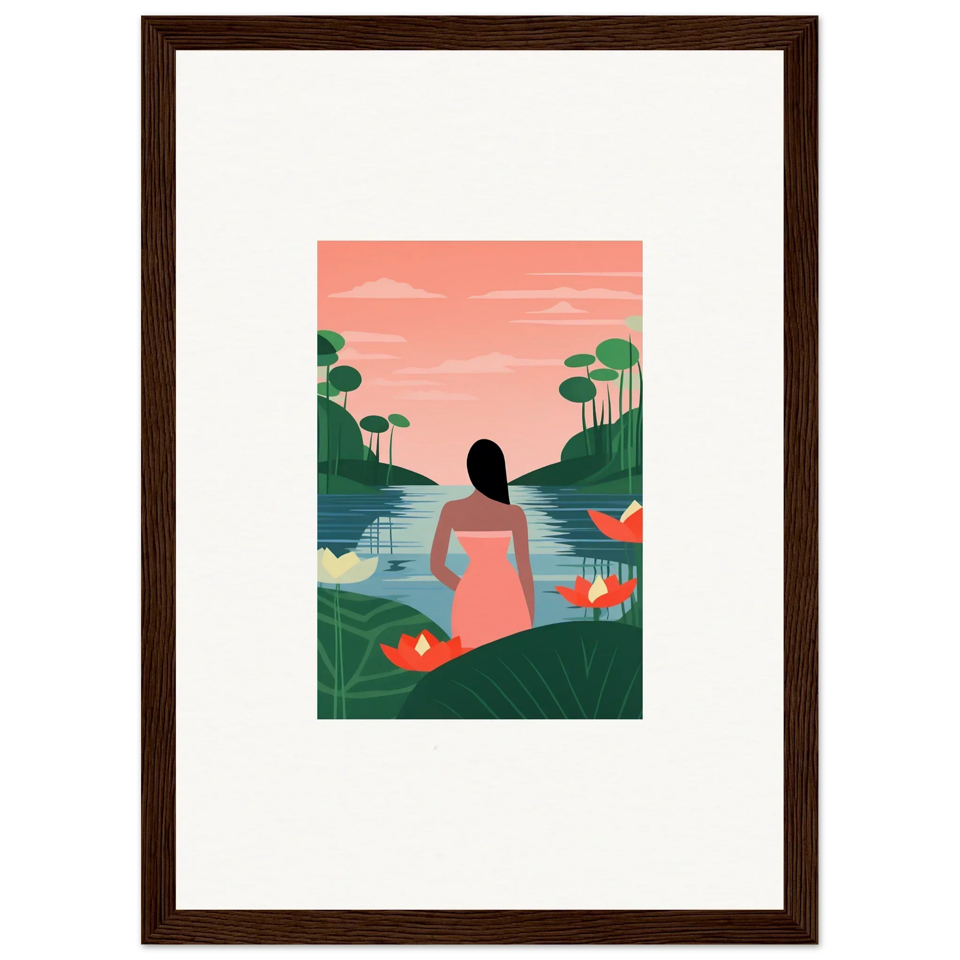 Framed tranquility canvas of a woman by a lake at sunset for serene room decoration