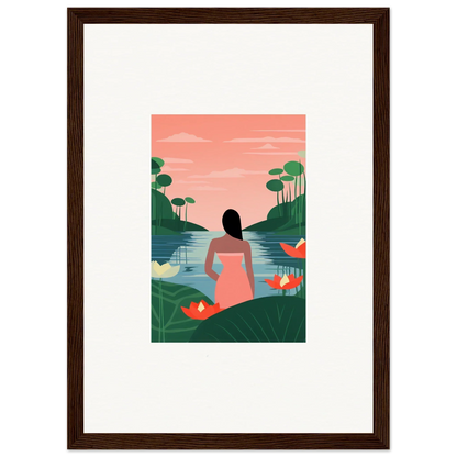 Framed tranquility canvas of a woman by a lake at sunset for serene room decoration