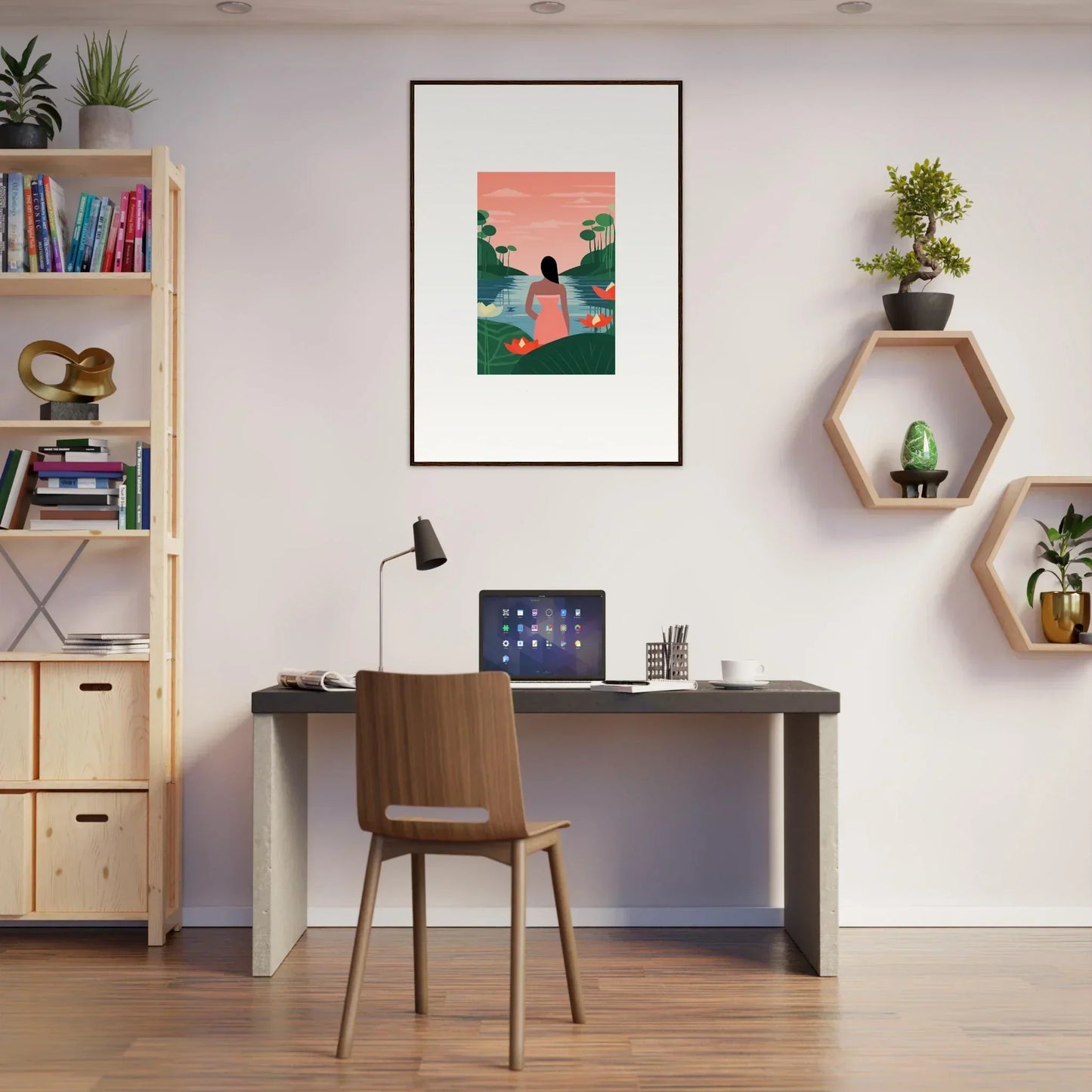 Minimalist home office setup featuring Serein Tranquility Canvas for stylish room decoration