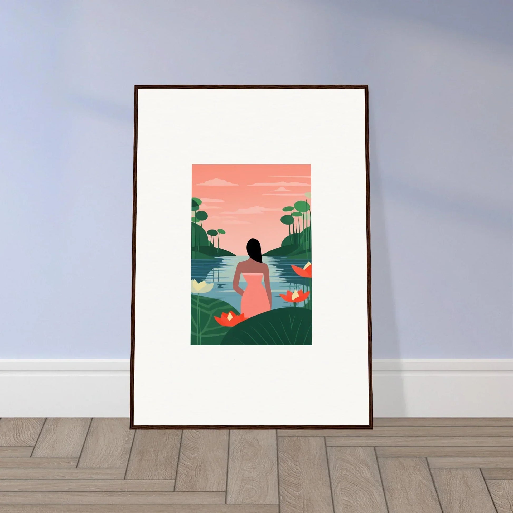 Framed tranquility canvas featuring a silhouetted figure and flamingos by a serene lake