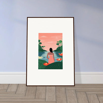 Framed tranquility canvas featuring a silhouetted figure and flamingos by a serene lake