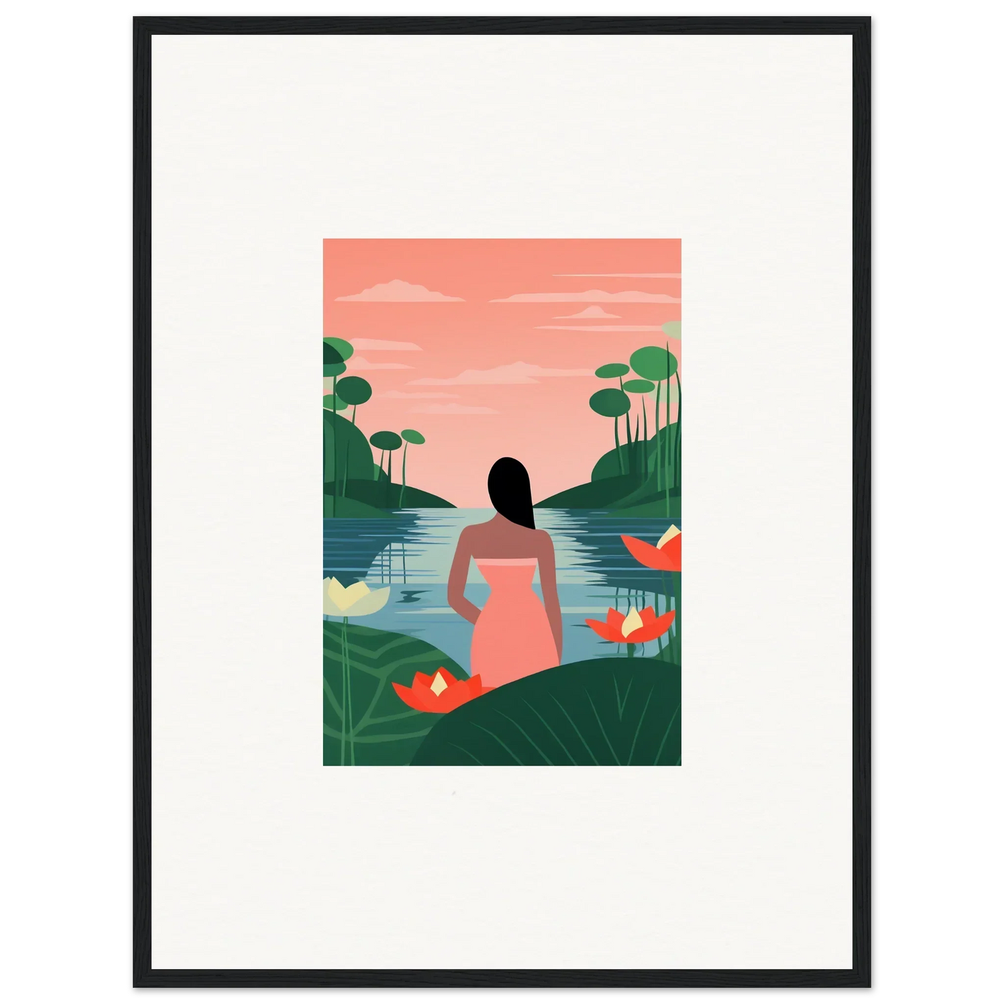 Woman in a pink dress in a tropical landscape on a tranquil canvas print for room decoration