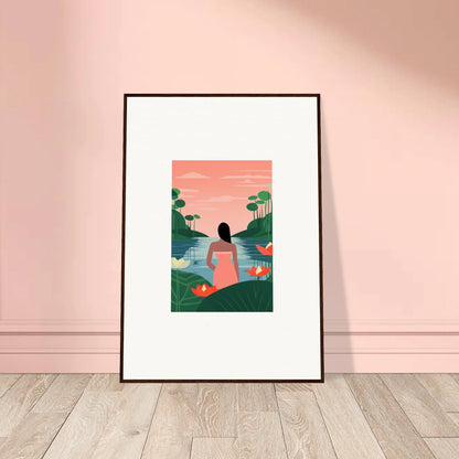 Framed tranquility canvas with a serene scene of a person by a lake at sunset