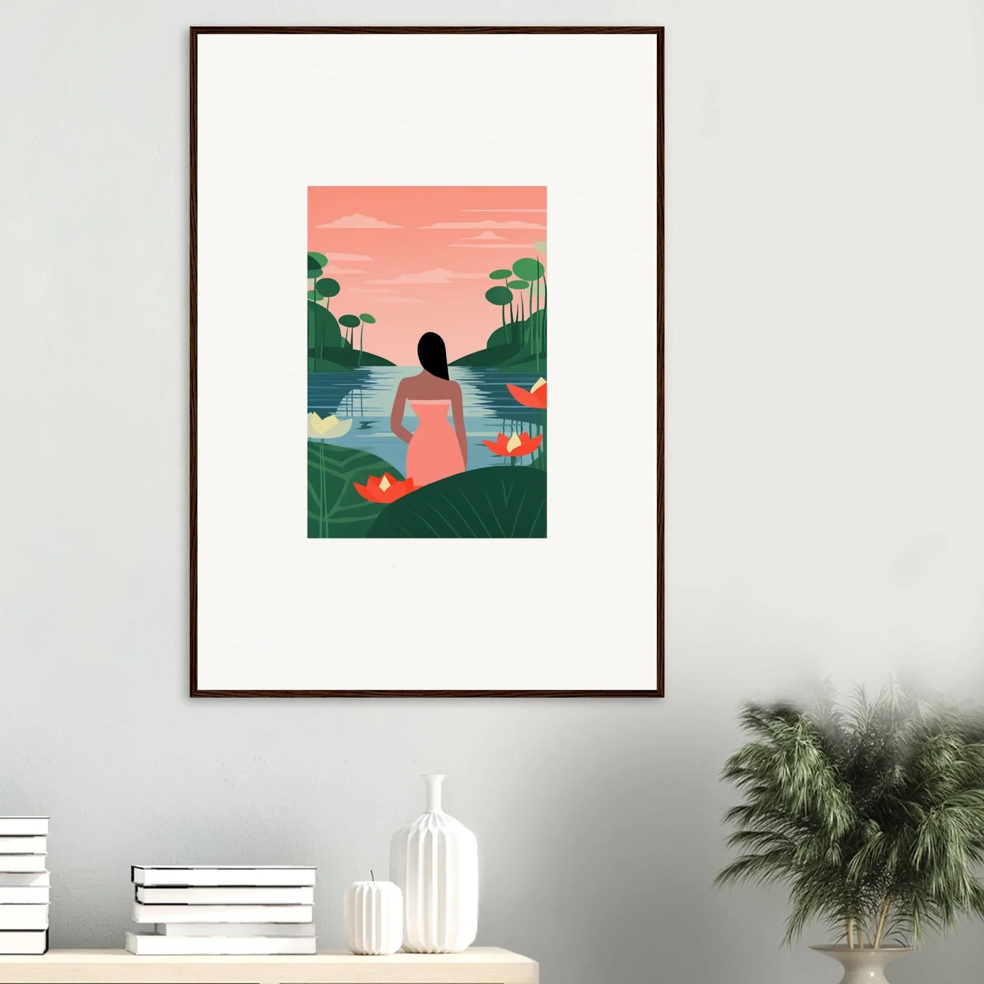 Framed Serein Tranquility Canvas of a person by a lake with flamingos at sunset