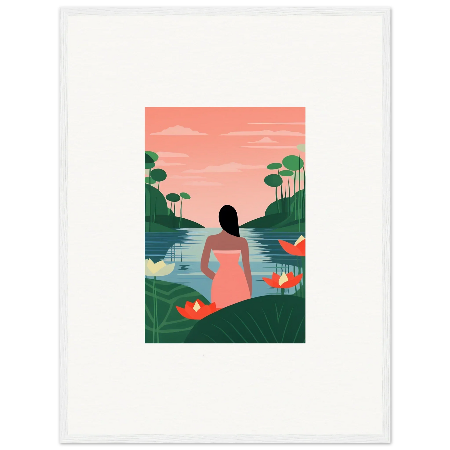 Person in a pink dress by a lake at sunset for a serene tranquility canvas print