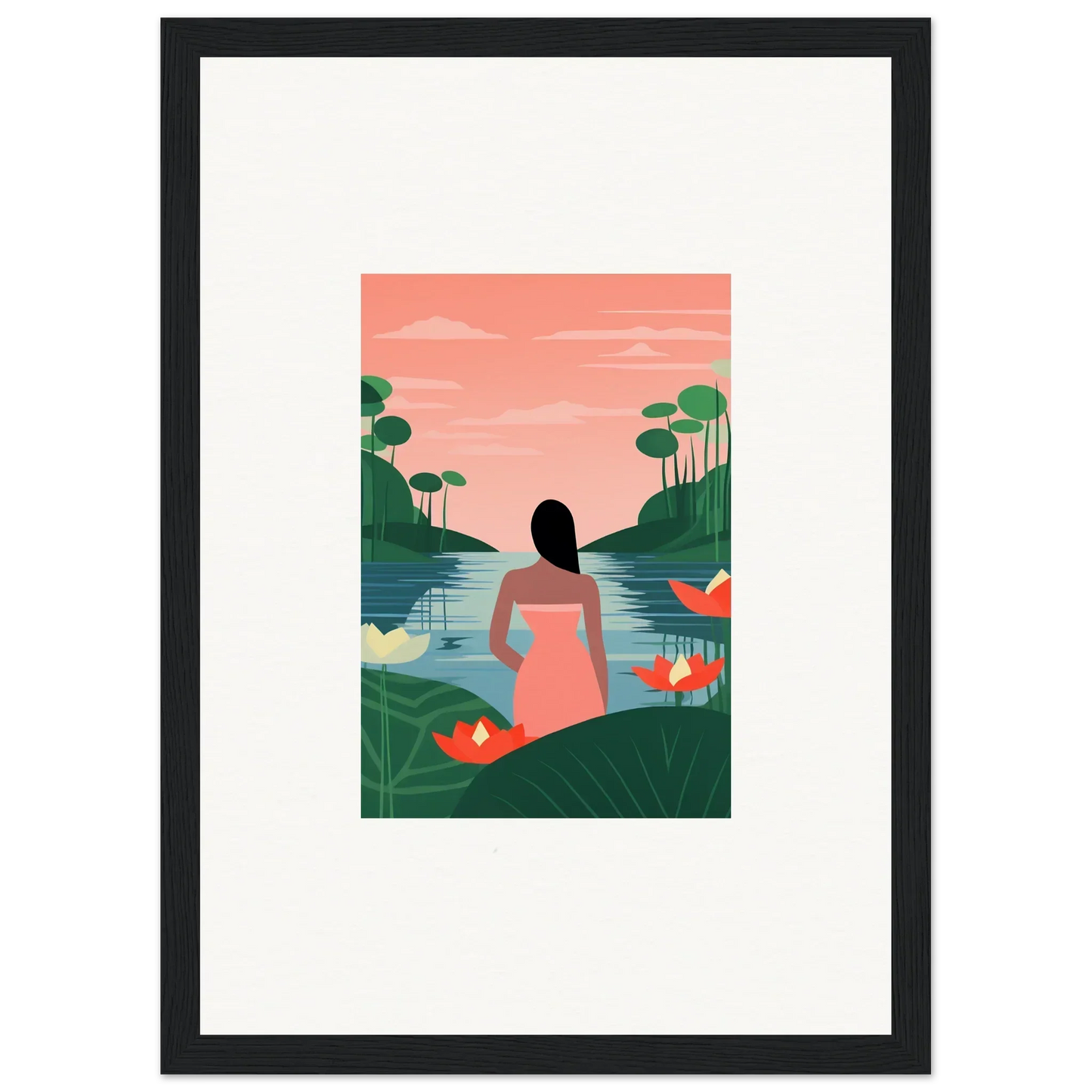 Framed illustration of a woman in a pink dress on a tranquility canvas for room decoration