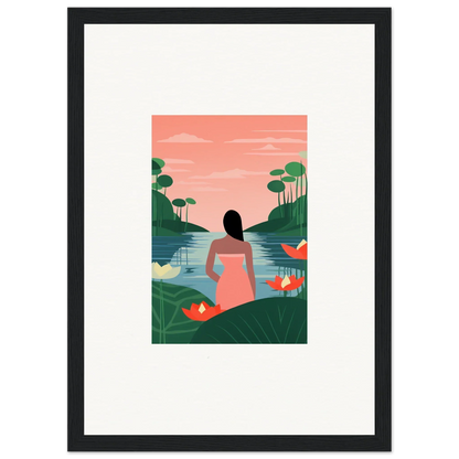 Framed illustration of a woman in a pink dress on a tranquility canvas for room decoration