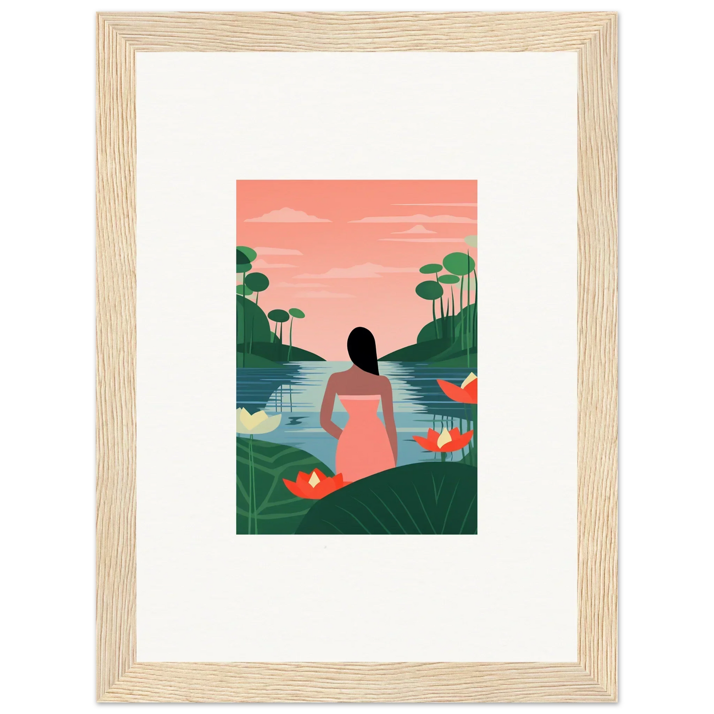 Tranquility canvas of a person by a lake at sunset perfect for room decoration