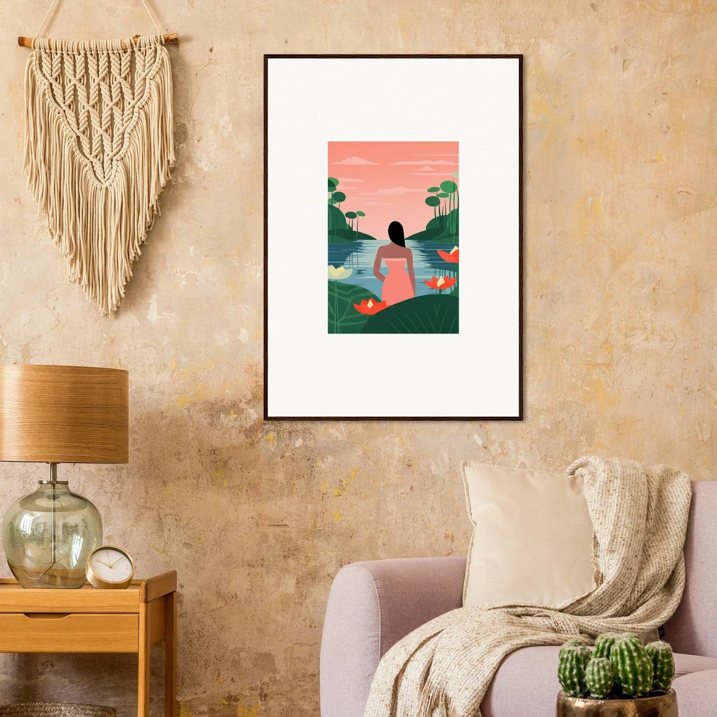 Framed Serein Tranquility Canvas print of a silhouetted figure over a sunset landscape