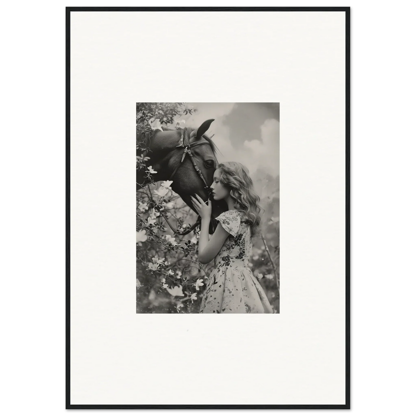 Black and white photo of a girl smelling a flower, perfect for Lunar Reverie room decoration