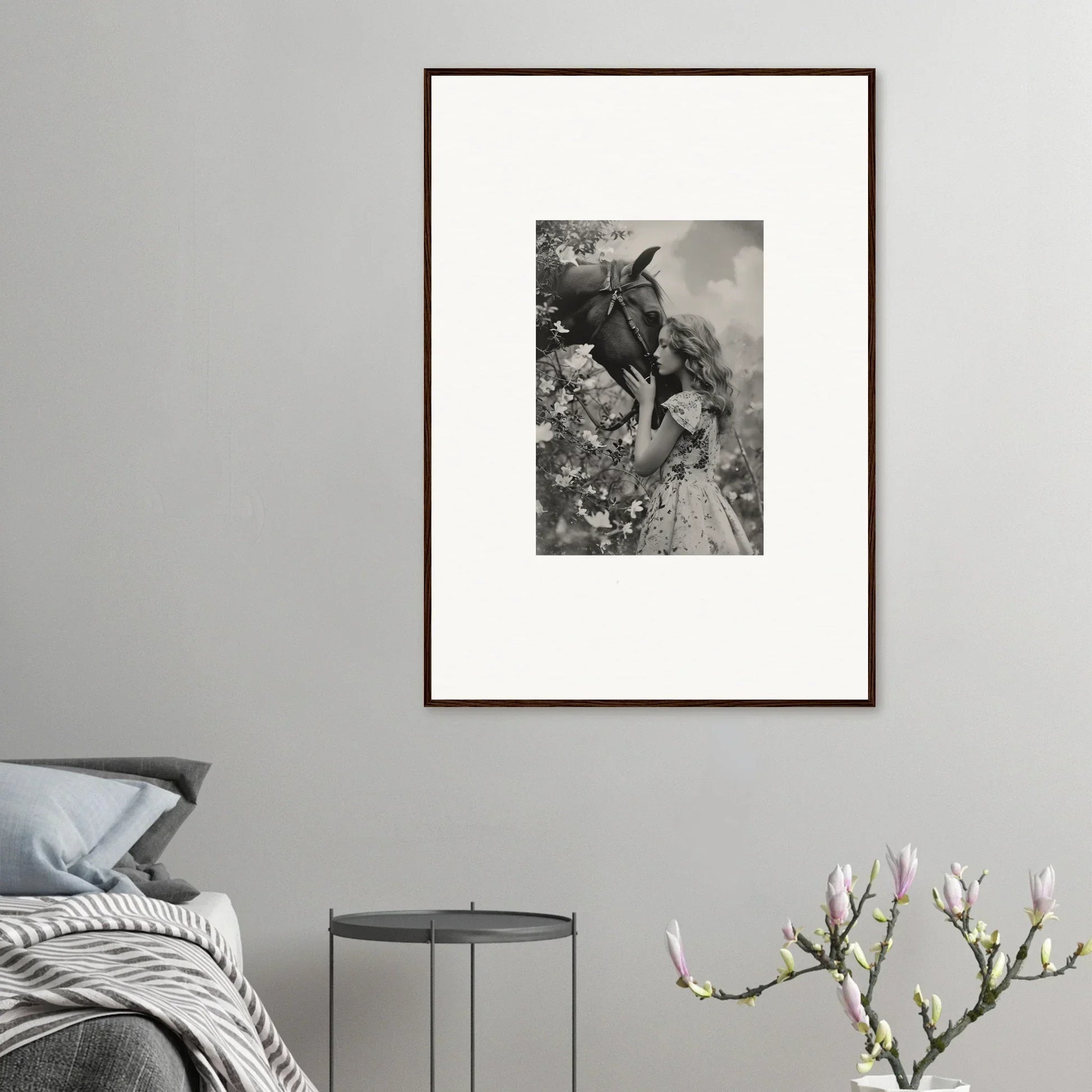 Framed black and white photo of a donkey and person in flowers, perfect for Lunar Reverie room decoration