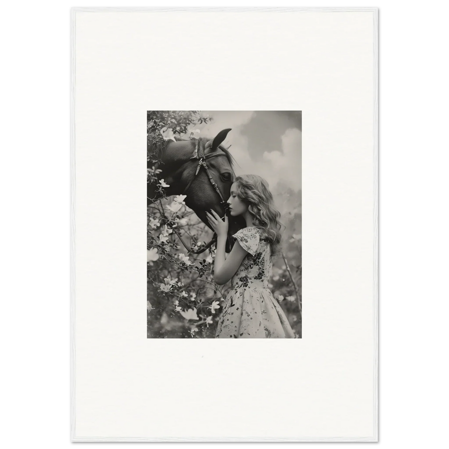 Young girl holding a large flower in a black and white canvas print for Lunar Reverie room decoration