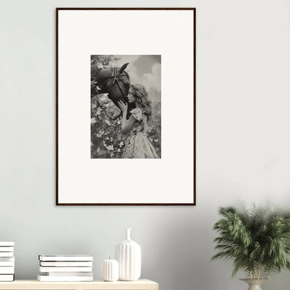 Framed black and white photo of a person with a donkey for Lunar Reverie decor