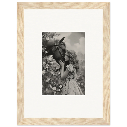 Framed black and white canvas print of a girl kissing a horse, perfect for Lunar Reverie room decoration