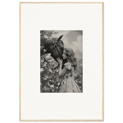 Black and white canvas print of a girl with a donkey in a floral lunar reverie