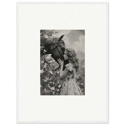 Young girl in floral dress with a rabbit, perfect for Lunar Reverie room decoration