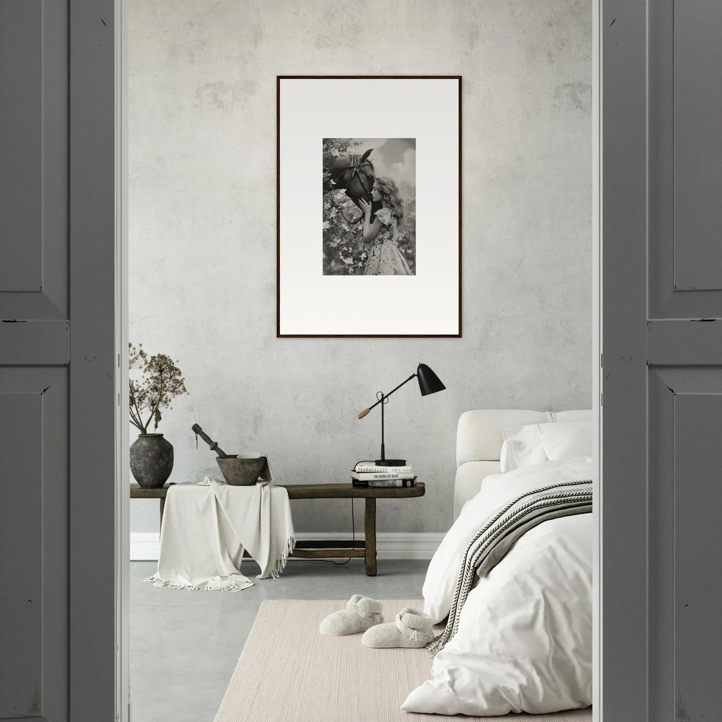 Minimalist bedroom featuring a stunning black and white canvas print for lunar reverie