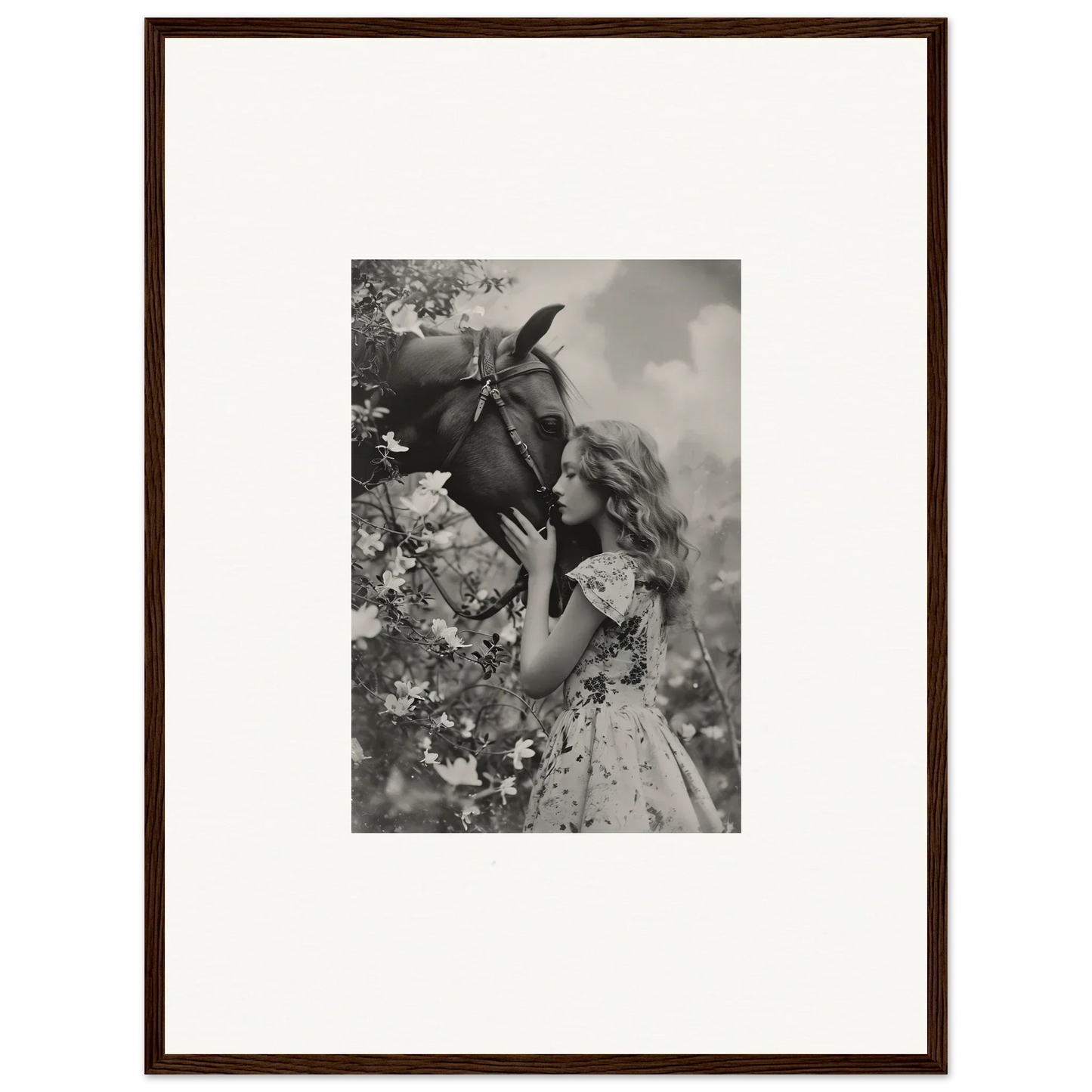 Framed black and white photo of a girl with a parasol, perfect for Lunar Reverie room decoration