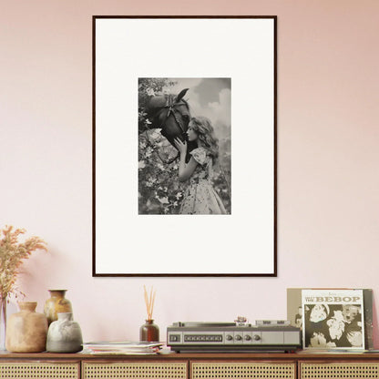 Framed black and white photo of a person in costume for lunar reverie room decoration