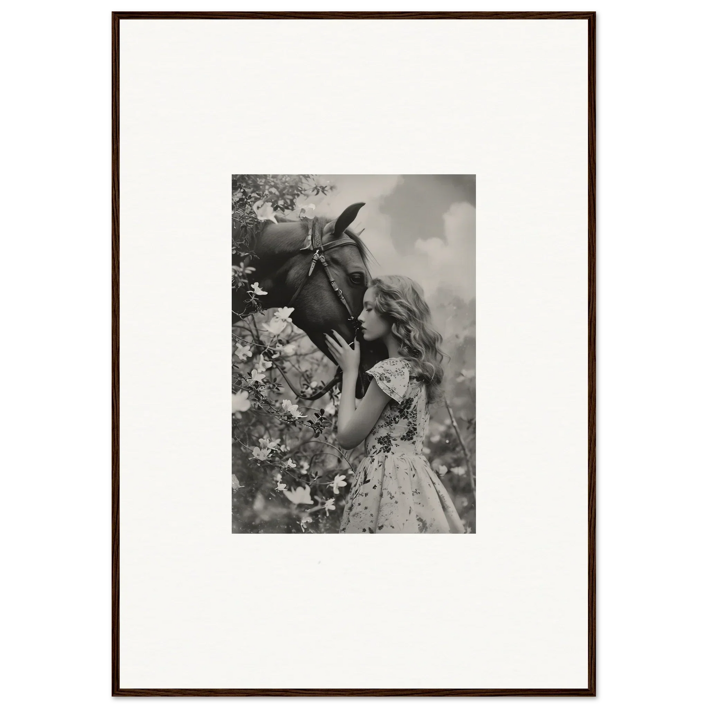 Framed black and white photo of a girl with a flower for Lunar Reverie room decoration