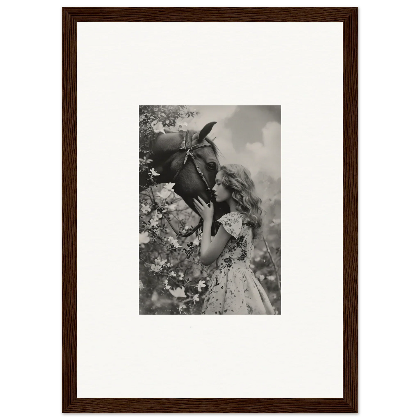 Framed black and white photo of girl with flower for Lunar Reverie room decoration