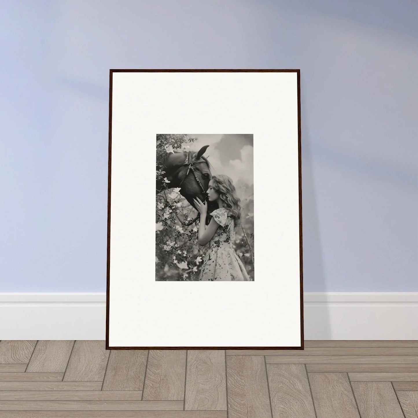 Framed black and white photo of a person with a donkey for your Lunar Reverie room decoration