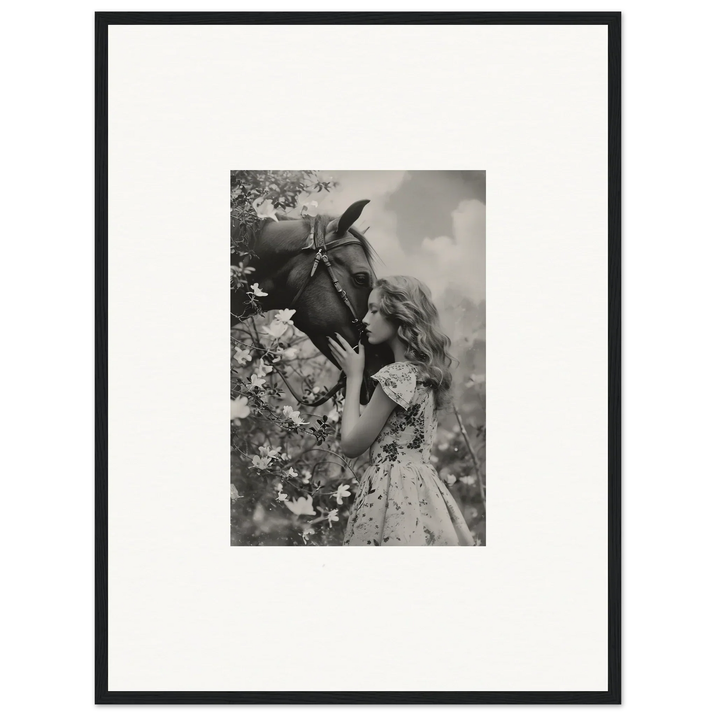 Black and white photo of a girl with a donkey, perfect for Lunar Reverie room decoration