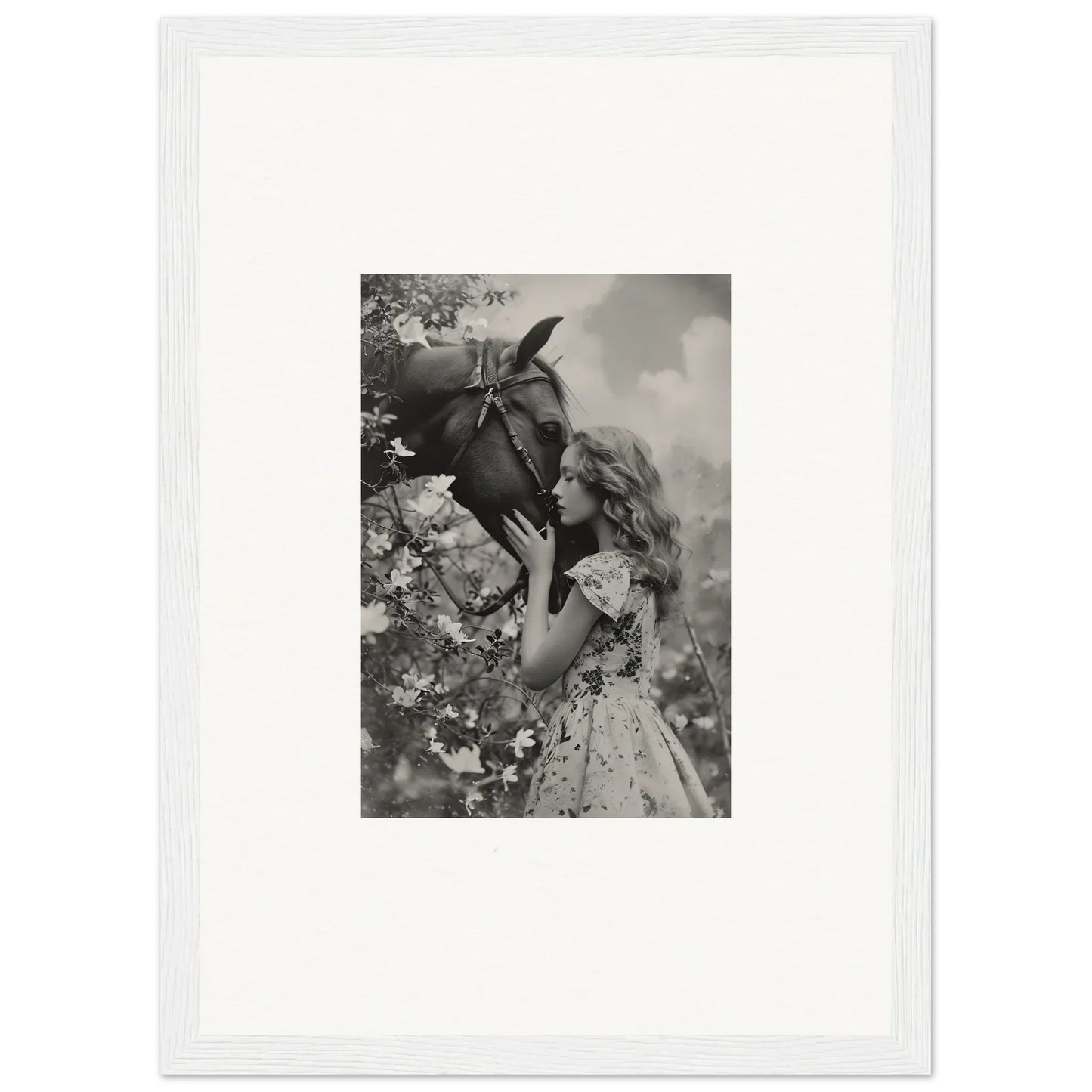 Black and white photo of a girl with a flower, perfect for Lunar Reverie room decoration