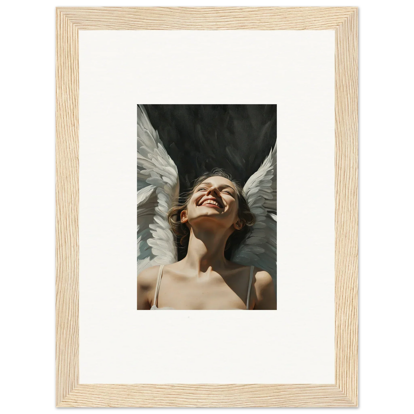 Framed canvas print of a smiling person with angel wings, perfect wall art for room decoration