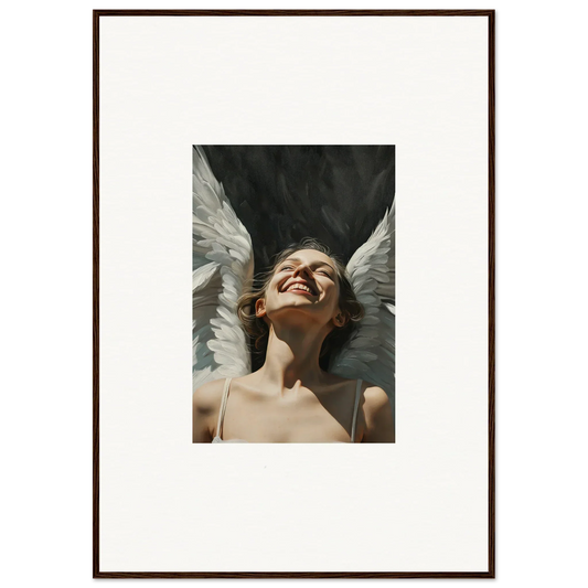 Framed canvas print of a smiling person with angel wings for cool room decoration