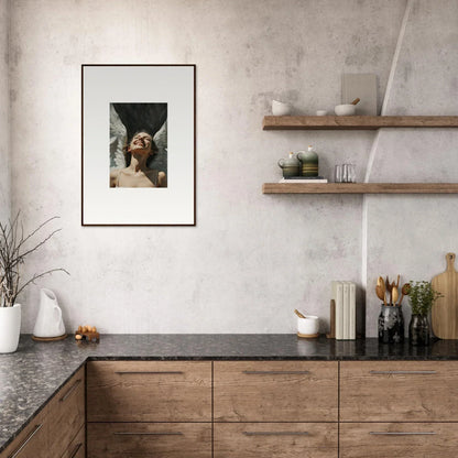 Modern kitchen with wooden cabinets, stone countertop, and floating shelves wall art