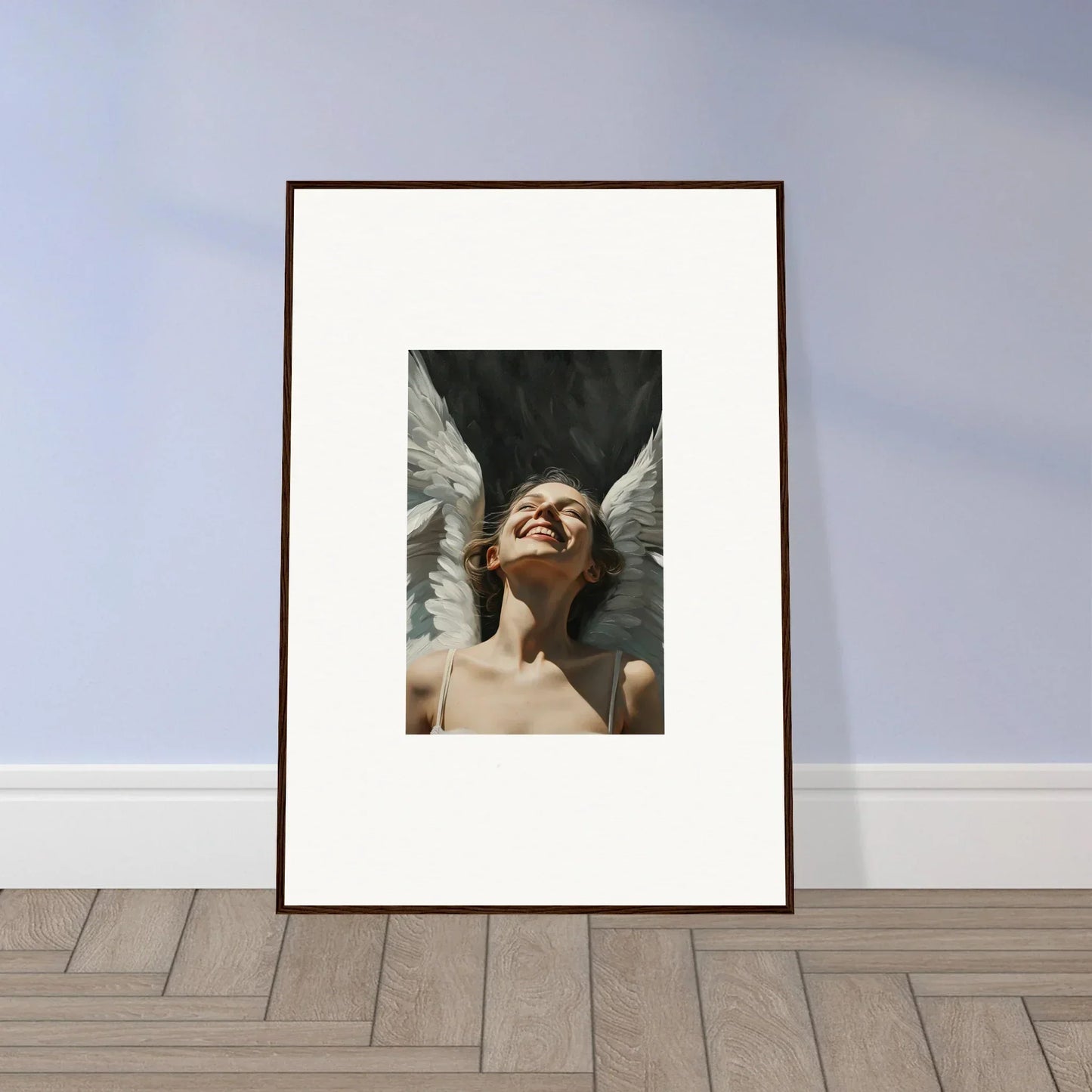 Framed canvas print of a winged figure gazing up, perfect for room decoration wall art