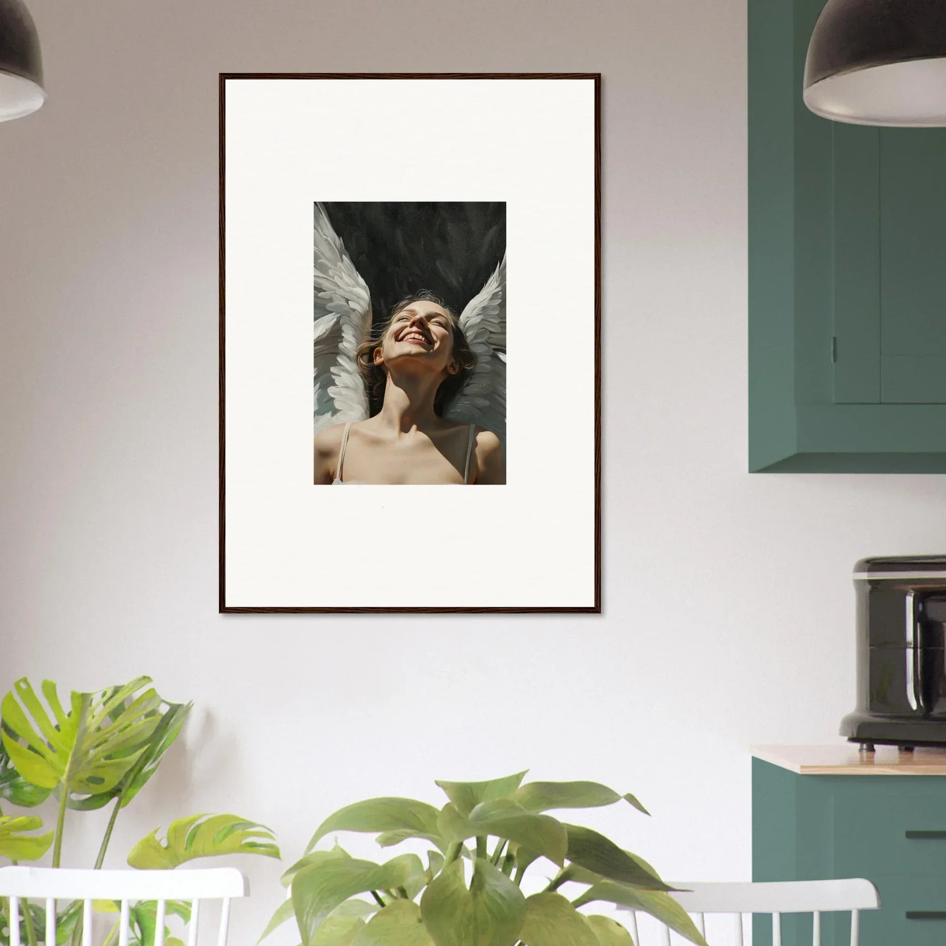 Framed canvas print of angel-winged figure looking up, perfect wall art for room decoration