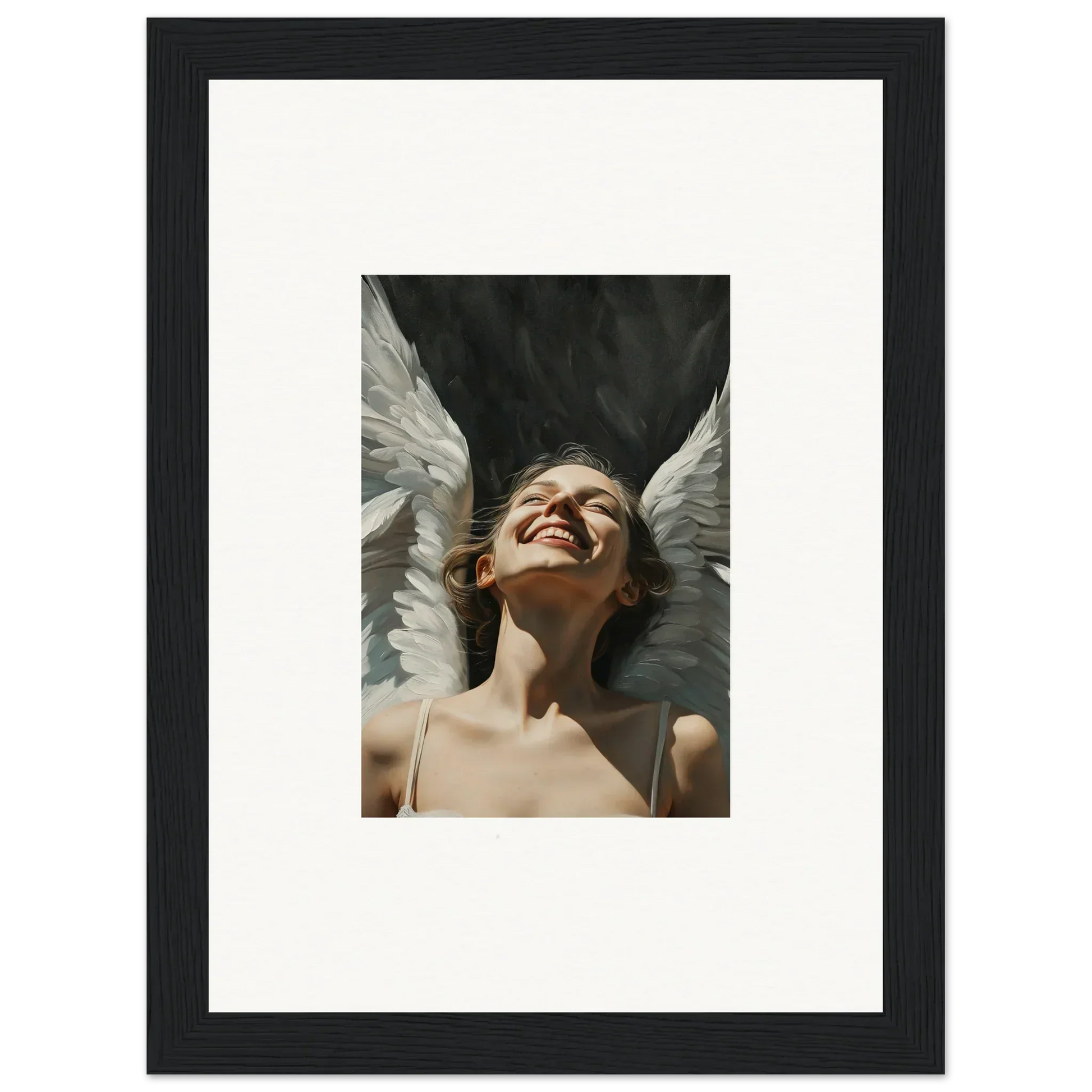 Joyful person with angel wings in a framed canvas print for serene room decoration