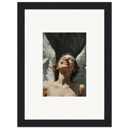 Joyful person with angel wings in a framed canvas print for serene room decoration