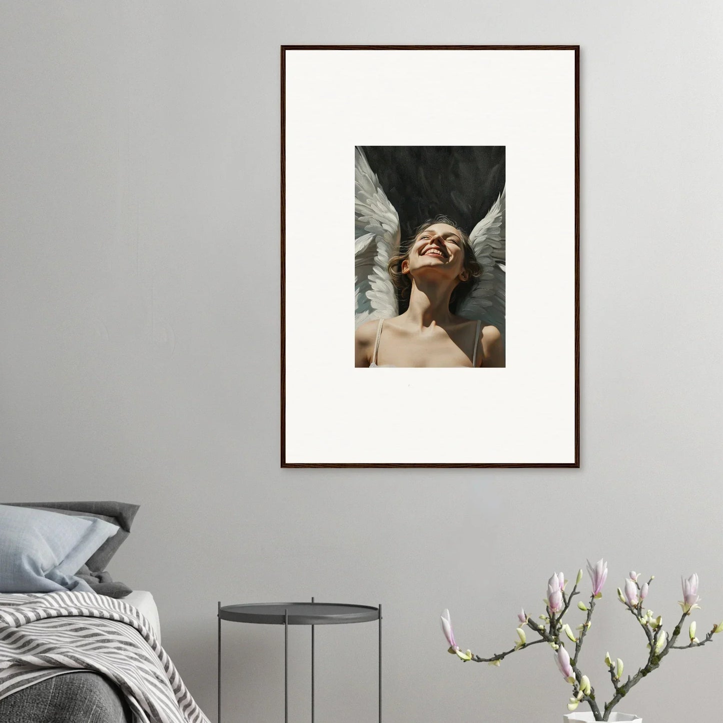 Framed wall art of a winged figure gazing up, perfect for room decoration