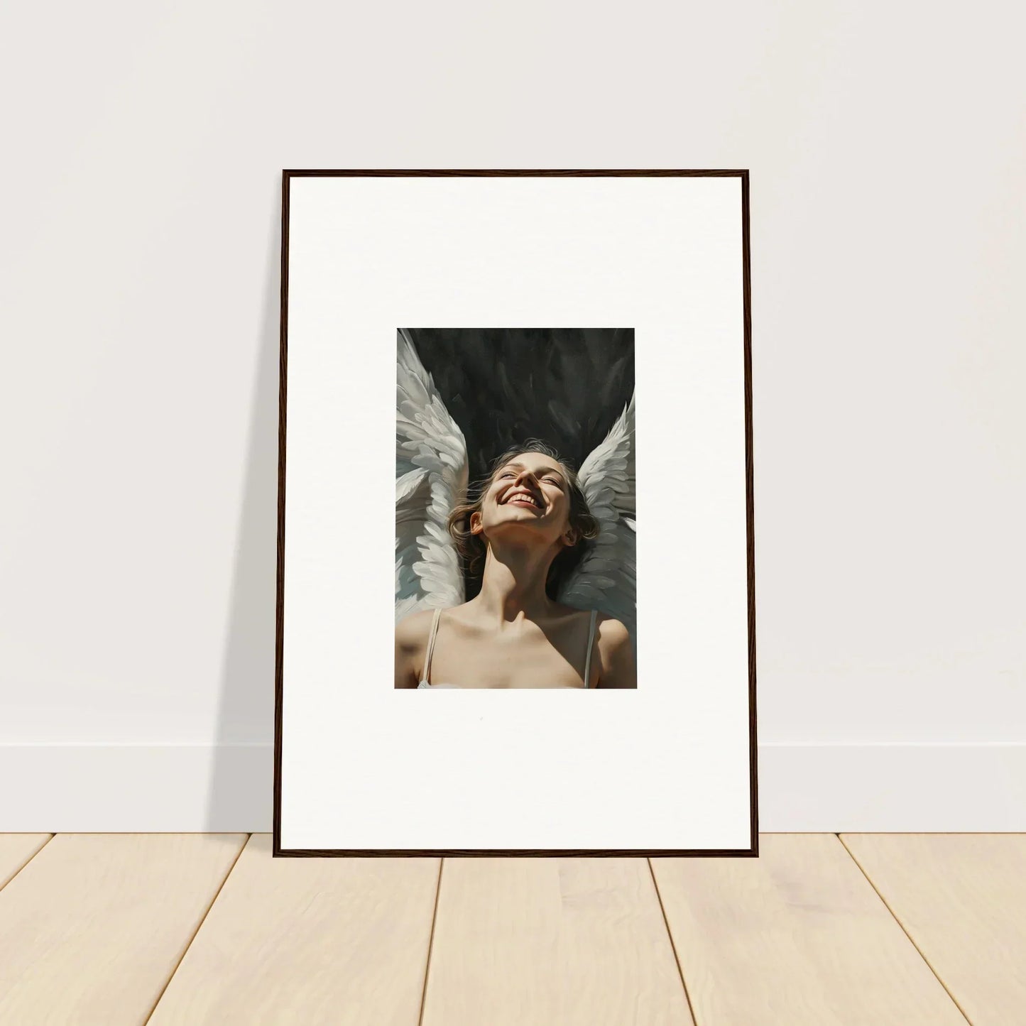 Framed canvas print of a person with white wings for serene room decoration wall art