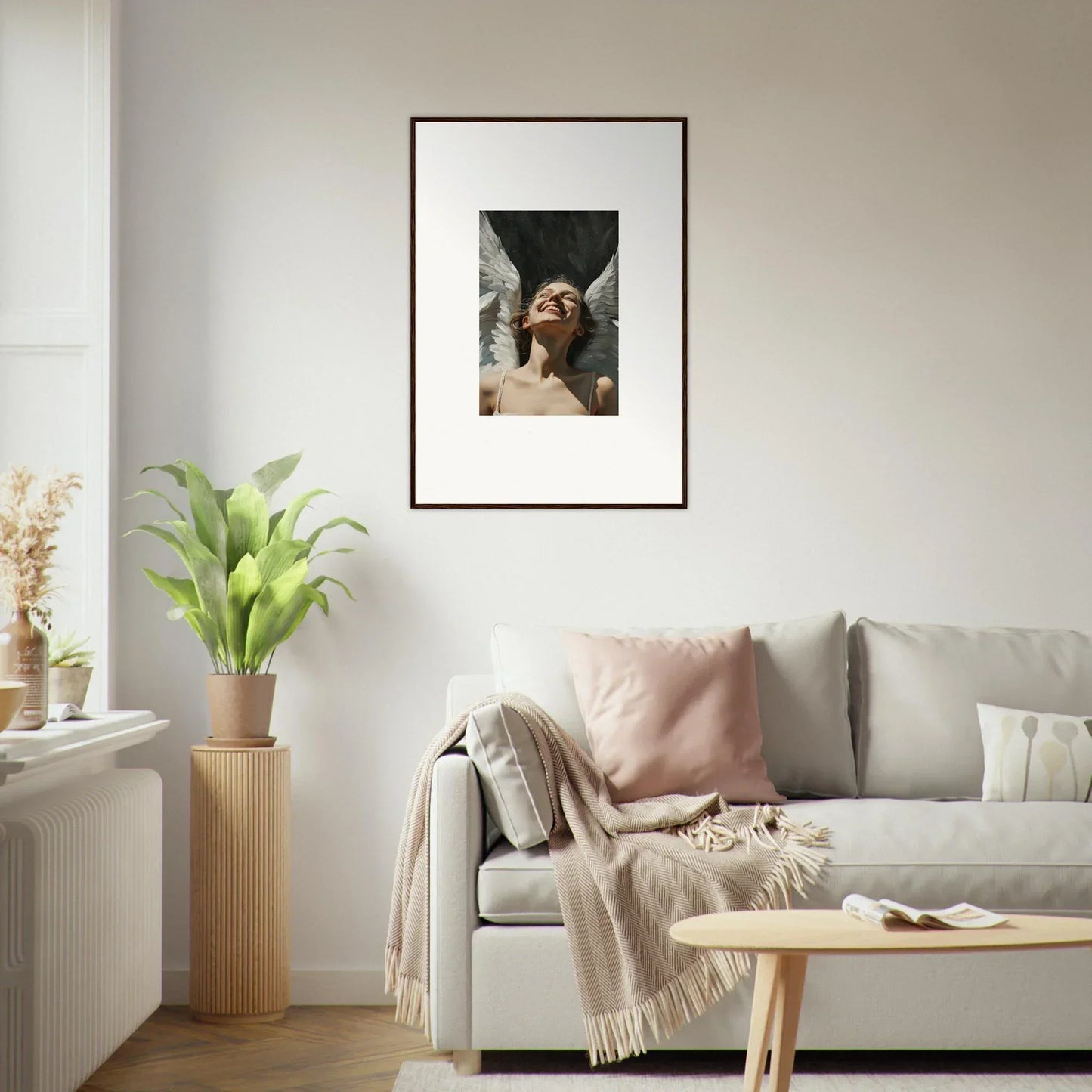 Framed black and white wall art of a person gazing upward for cool room decoration