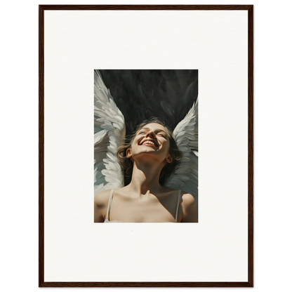 Framed canvas print of a smiling person with angel wings for stunning room decoration