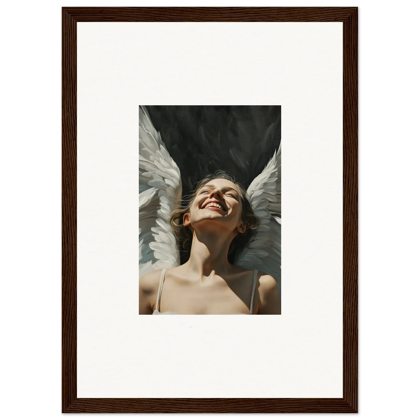 Framed canvas print of a smiling person with angel wings for room decoration