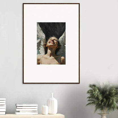 Framed canvas print of an angelic figure with white wings for serene room decoration