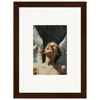 Framed canvas print of a smiling person with angel wings, perfect wall art for room decoration