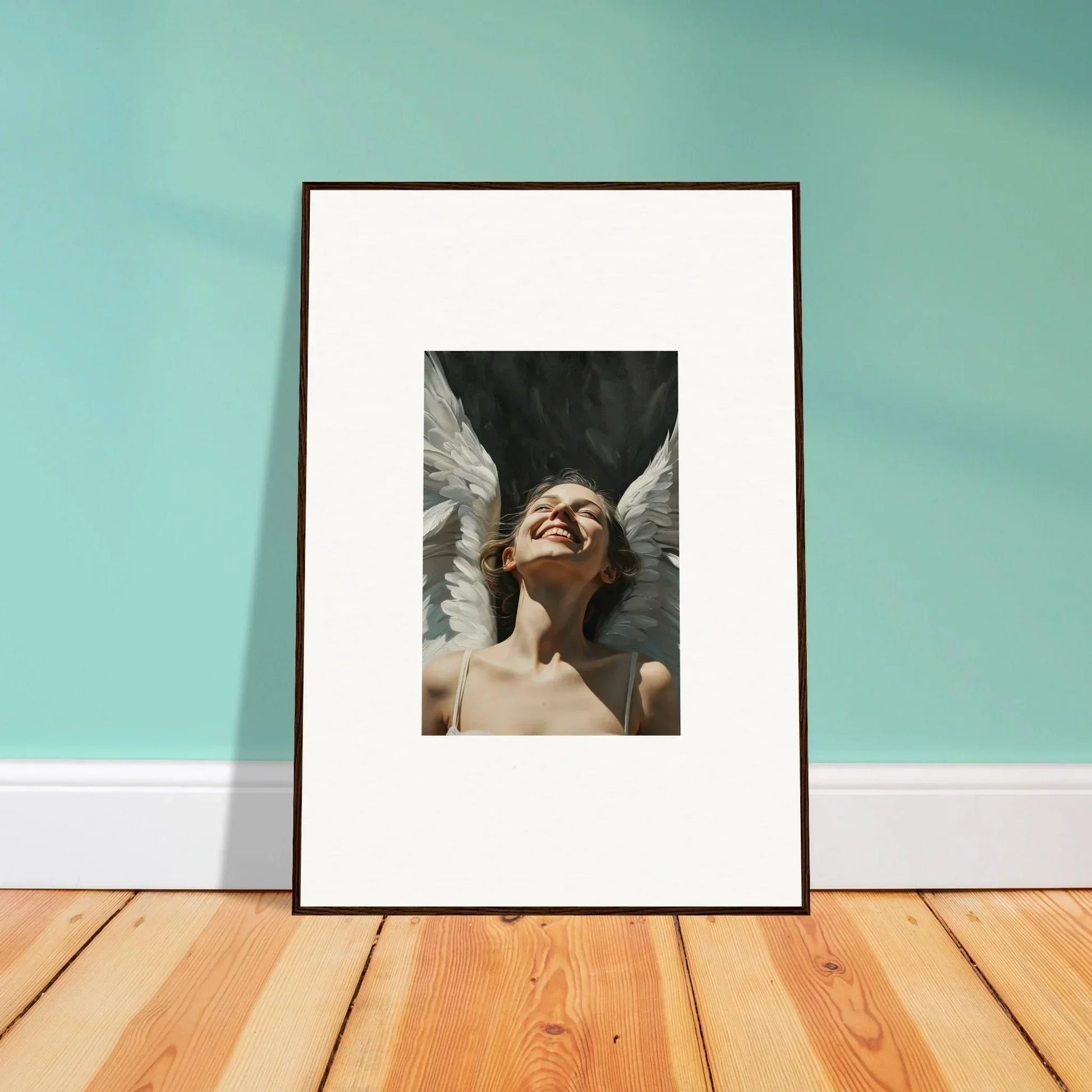 Framed wall art of a winged figure in a serene upward pose for room decoration