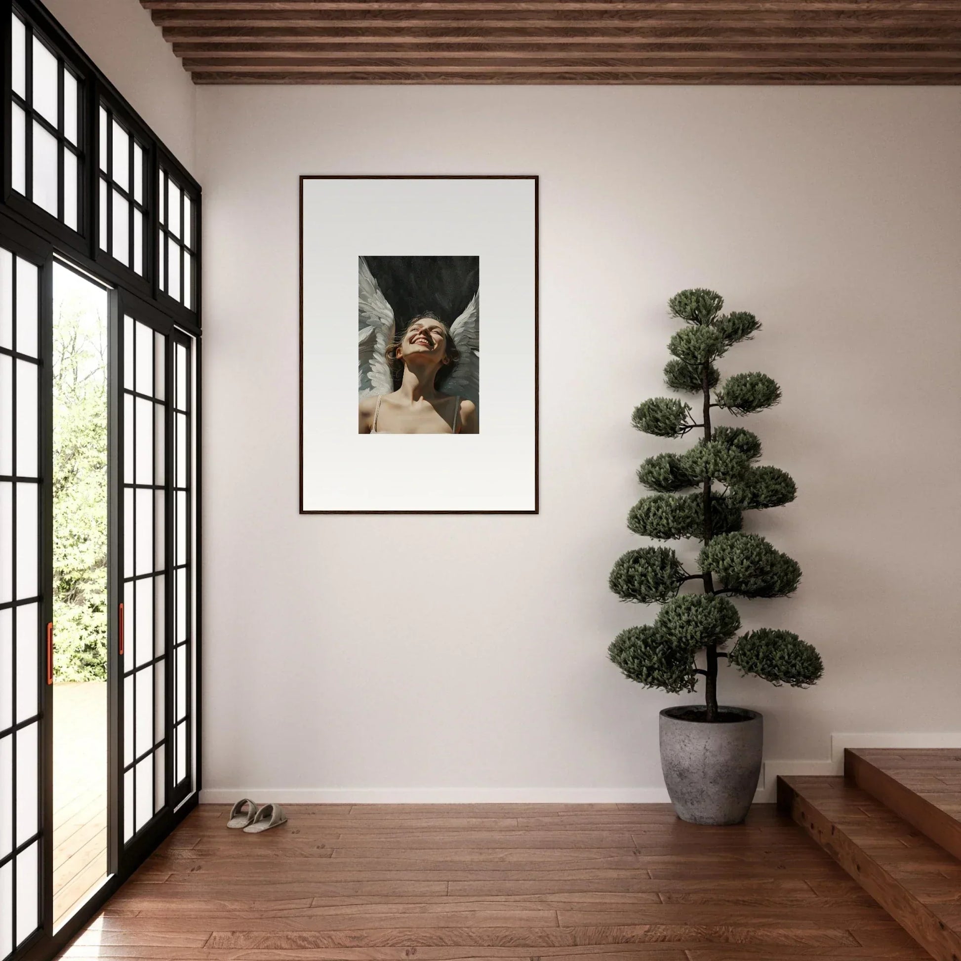 Framed portrait of a person looking upward for stylish room decoration and wall art