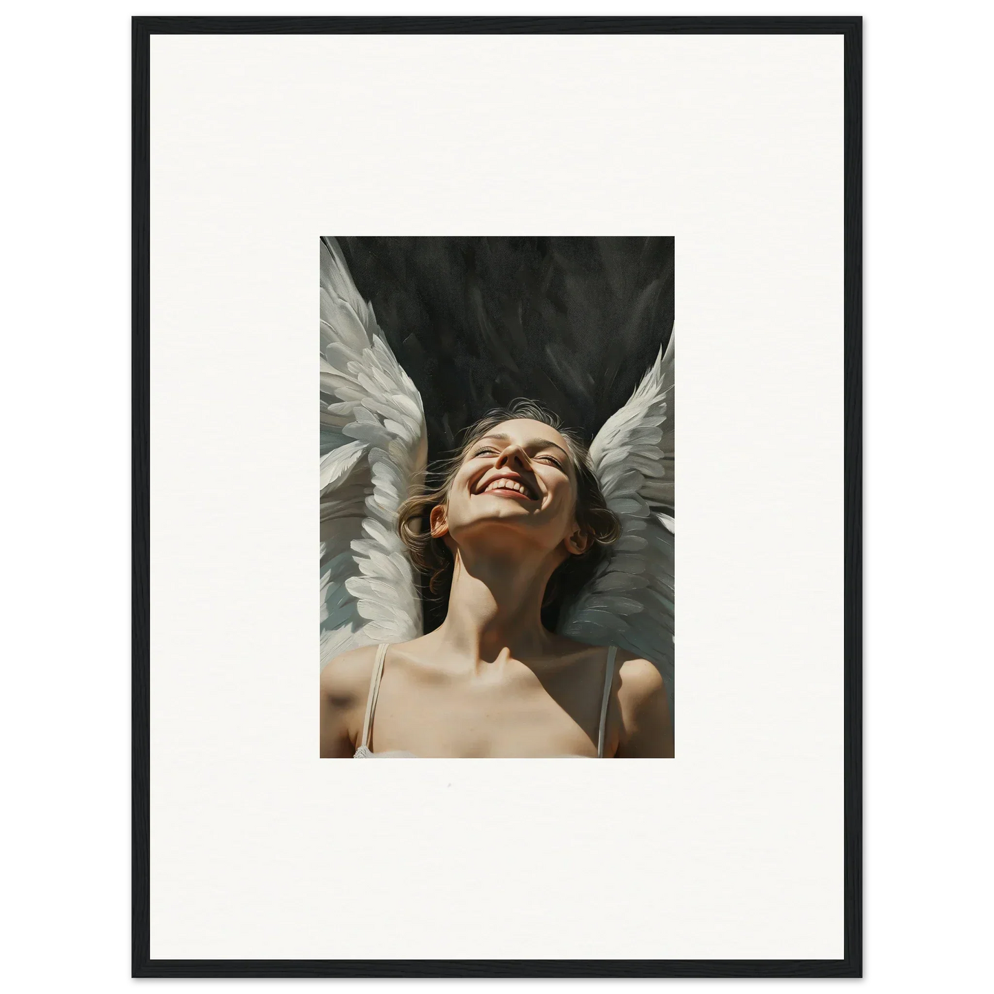 Smiling figure with white wings, perfect for a canvas print or wall art room decoration