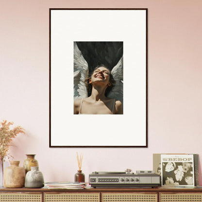 Framed canvas print of a person with feathered wings for unique room decoration