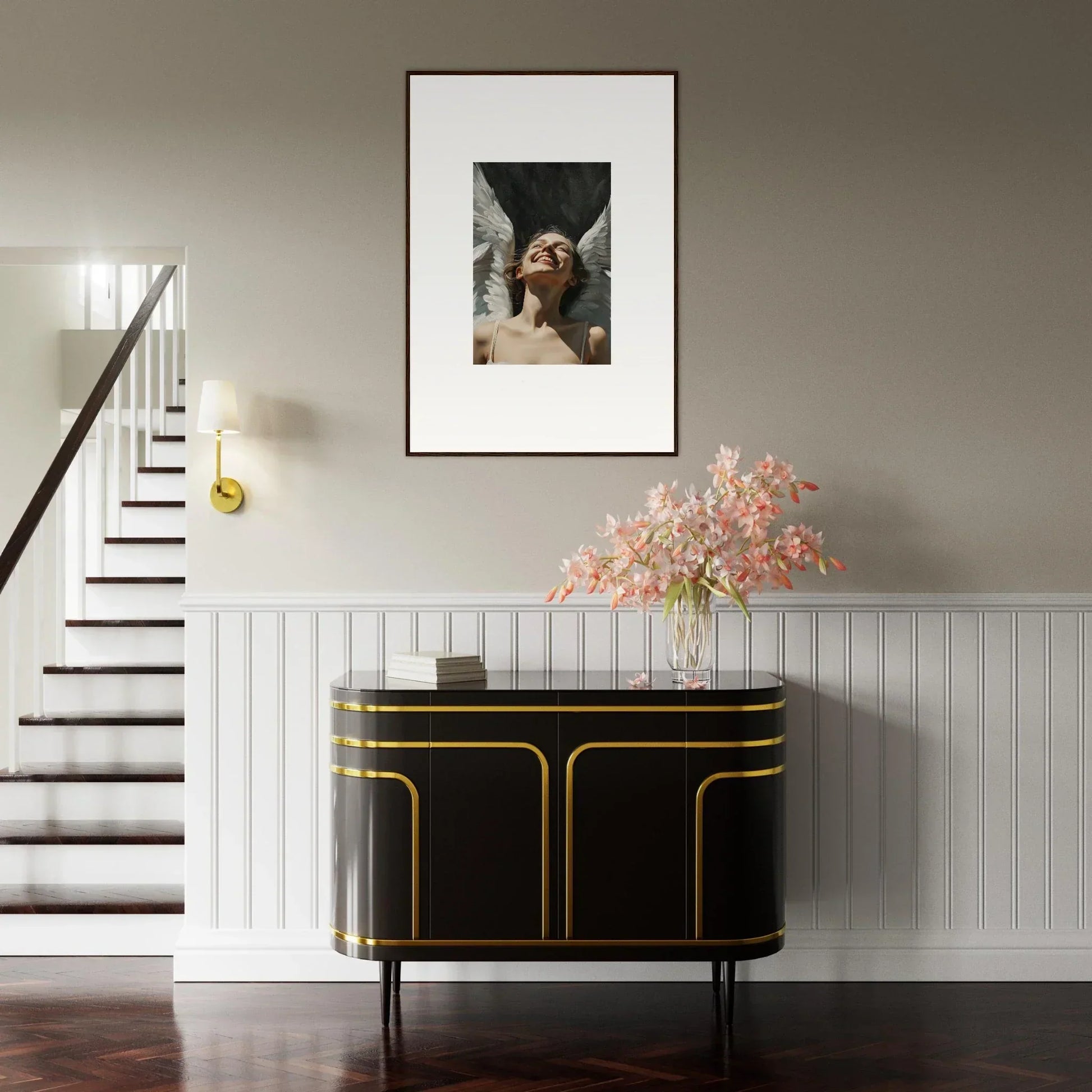 Elegant black sideboard with gold trim perfect for room decoration and wall art display